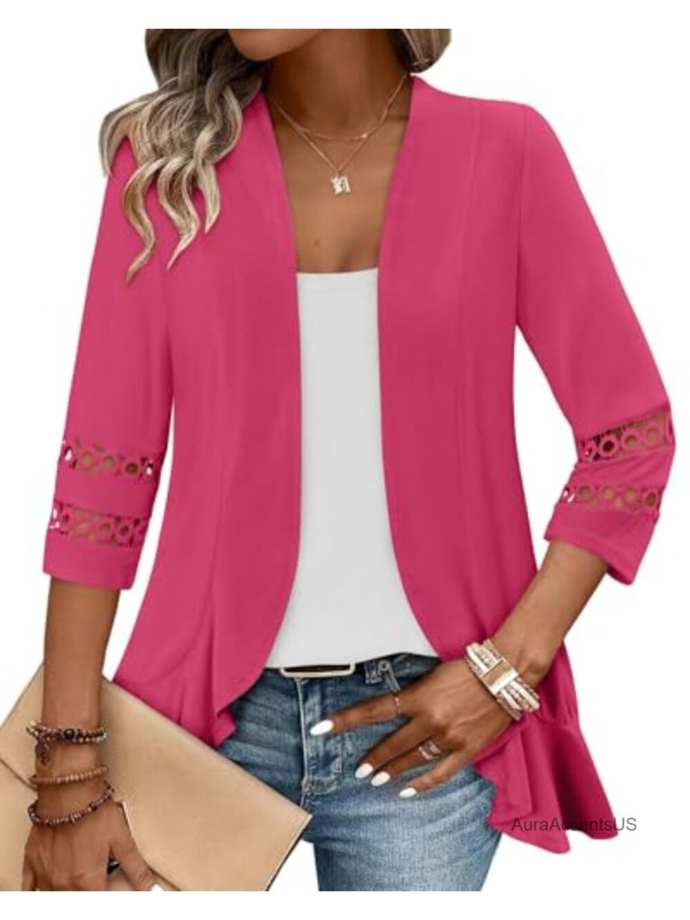 Women's 3/4 Sleeve Cardigan Lightweight Kimono Open Front Shawl Collar